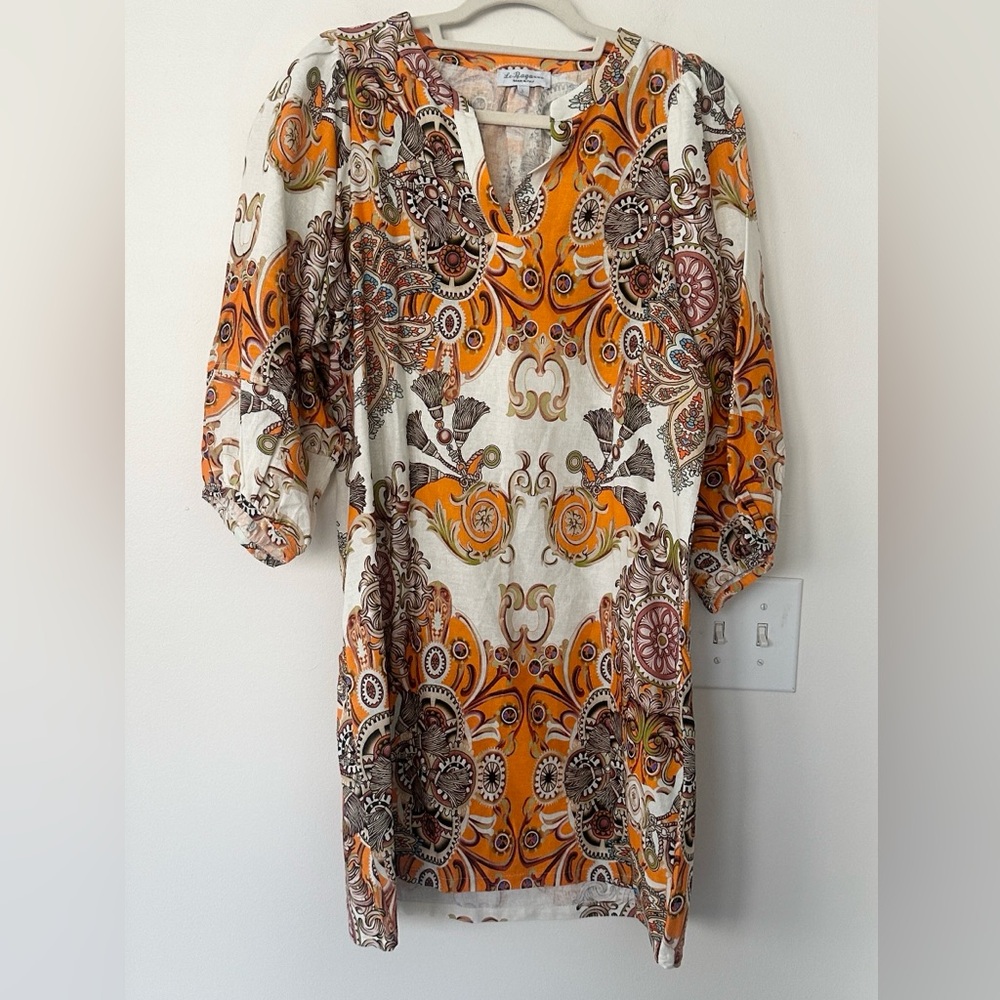 Le Ragazze Linen Blend Printed Italian Dress L